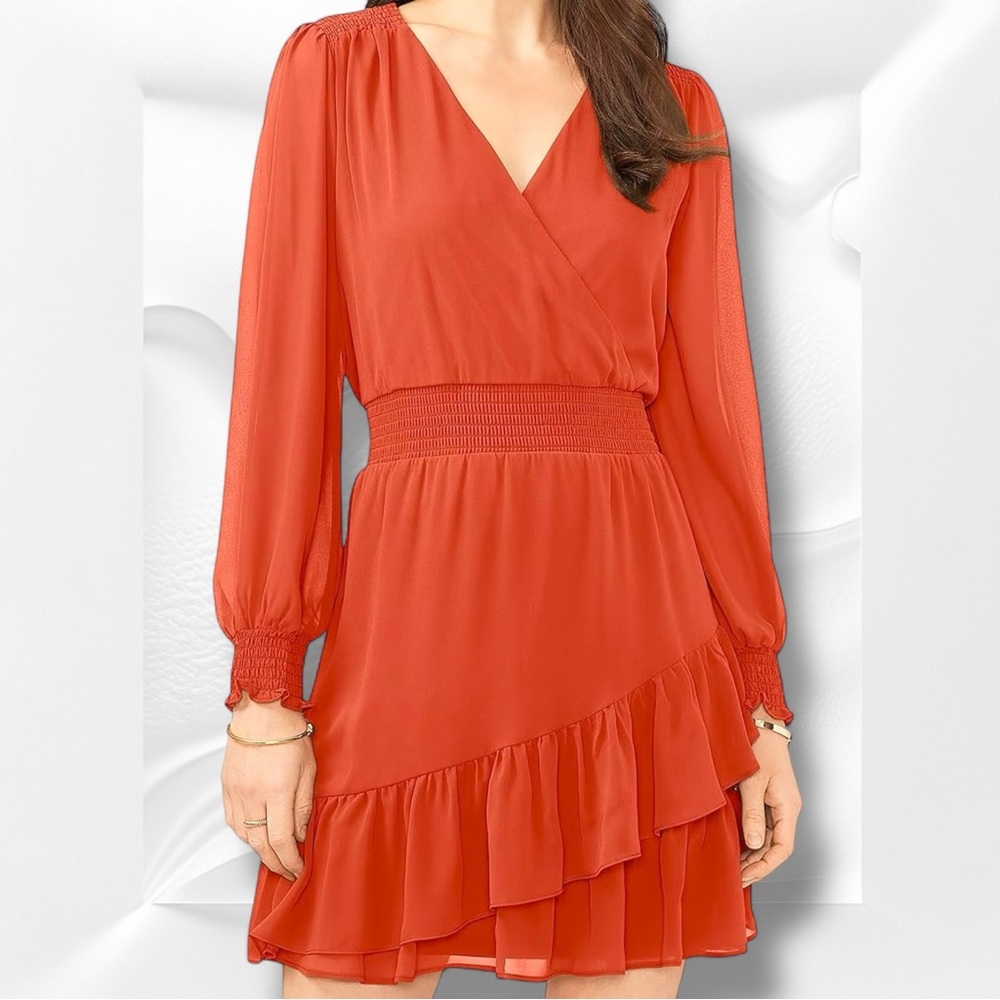 🆕 Vince Camuto Orange Ruffled Faux-Wrap Sundress Size Small